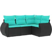 Syfax 4-teiliges Gartensofa-Set mit Kissen, schwarzes Polyrattan