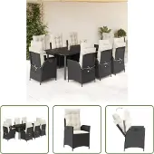 The Living Store 9-tlg. Garten-Essgruppe mit Kissen Schwarz Poly Rattan