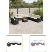 The Living Store 12-tlg. Garten-Sofagarnitur mit Kissen Schwarz Poly Rattan