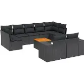 Syfax 10-tlg. Garten-Sofagarnitur mit Kissen Schwarz Poly Rattan