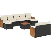 Syfax 10-tlg. Garten-Sofagarnitur mit Kissen Schwarz Poly Rattan