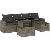 Syfax 6-tlg. Garten-Sofagarnitur mit Kissen Grau Poly Rattan