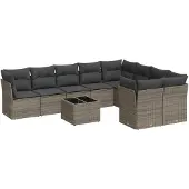 Syfax 10-tlg. Garten-Sofagarnitur mit Kissen Grau Poly Rattan