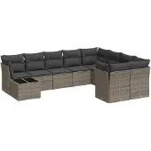 Syfax 10-tlg. Garten-Sofagarnitur mit Kissen Grau Poly Rattan