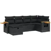 Syfax 6-tlg. Garten-Sofagarnitur mit Kissen Schwarz Poly Rattan