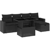 Syfax 6-tlg. Garten-Sofagarnitur mit Kissen Schwarz Poly Rattan