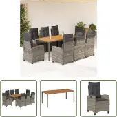 The Living Store 9-tlg. Garten-Essgruppe mit Kissen Grau Poly Rattan