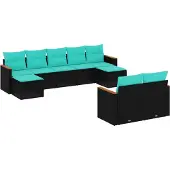 Syfax 9-teiliges Gartensofa-Set mit Kissen, schwarzes Polyrattan