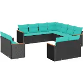 Syfax 11-teiliges Gartensofa-Set mit Kissen, schwarzes Polyrattan
