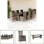 The Living Store 9-tlg. Garten-Essgruppe mit Kissen Grau Poly Rattan