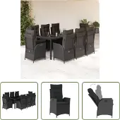 The Living Store 9-tlg. Garten-Essgruppe mit Kissen Schwarz Poly Rattan