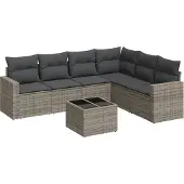 Syfax 7-tlg. Garten-Sofagarnitur mit Kissen Grau Poly Rattan