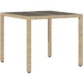 Syfax Gartentisch mit Glasplatte Beige 90x90x75 cm Poly Rattan