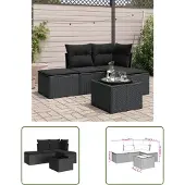 The Living Store 5-tlg. Garten-Sofagarnitur mit Kissen Schwarz Poly Rattan