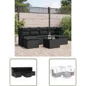 The Living Store 7-tlg. Garten-Sofagarnitur mit Kissen Schwarz Poly Rattan