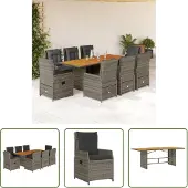 The Living Store 9-tlg. Garten-Essgruppe mit Kissen Grau Poly Rattan