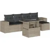 Syfax 6-tlg. Garten-Sofagarnitur mit Kissen Hellgrau Poly Rattan
