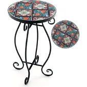 Costway Beistelltisch ∅30x50cm, Mosaiktisch Rund, Gartentisch Bistrotisch, aus Metall, Keramik, Bunt