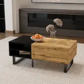 OKWISH Couchtisch Rechteckige, Wohnzimmertisch mit Farbblockstruktur, mit Fächern und Schubladen, Metallbeine., Natur