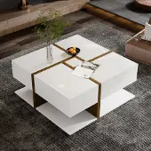SOFTWEARY Couchtisch mit 4 Schubladen, 78/78/35 cm, Wohnzimmertisch, Kaffeetisch, Sofatisch