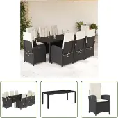 The Living Store 9-tlg. Garten-Essgruppe mit Kissen Schwarz Poly Rattan