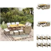 vidaXL 11-tlg. Garten-Essgruppe mit Kissen Poly Rattan Beige - Gartenmöbel-Sets
