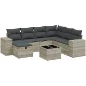 Syfax 8-tlg. Garten-Sofagarnitur mit Kissen Hellgrau Poly Rattan