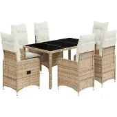 Syfax 7-tlg. Garten-Bistro-Set mit Kissen Beige Poly Rattan
