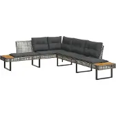 Syfax Gartensofa in L-Form mit Kissen Grau Poly Rattan und Akazie