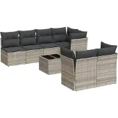 Syfax 8-tlg. Garten-Sofagarnitur mit Kissen Hellgrau Poly Rattan