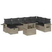 Syfax 9-tlg. Garten-Sofagarnitur mit Kissen Hellgrau Poly Rattan