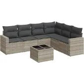 Syfax 7-tlg. Garten-Sofagarnitur mit Kissen Hellgrau Poly Rattan