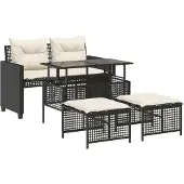 Syfax 4-tlg. Garten-Sofagarnitur mit Kissen Schwarz Poly Rattan Glas