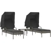 Syfax Sonnenliegen 2 Stk. mit Dach und Tisch Grau Poly Rattan
