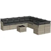 Syfax 11-tlg. Garten-Sofagarnitur mit Kissen Hellgrau Poly Rattan