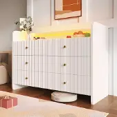 OKWISH Sideboard Aufbewahrungsschrank Beistellschrank，Kabinett mit LED-Beleuchtung，Wellenförmiges Design，6 Schubladen, Weiß