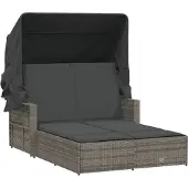Syfax Doppel-Sonnenliege mit Dach und Auflagen Grau Poly Rattan