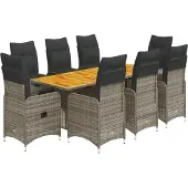 Syfax 9-tlg. Garten-Bistro-Set mit Kissen Grau Poly Rattan