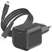 Swissten , GaN Ladegerät USB-C PD 20W mit USB-C auf USB-C Kabel 1.2m, Schwarz