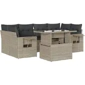 Syfax 7-tlg. Garten-Sofagarnitur mit Kissen Hellgrau Poly Rattan