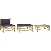 Syfax 3-tlg. Garten-Lounge-Set mit Dunkelgrauen Kissen Bambus