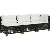 Syfax Gartensofa mit Kissen 3-Sitzer Schwarz Poly Rattan
