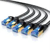 Primewire Flachband LAN-Kabel 5er Set CAT 8, 40 Gbit/s Netzwerkkabel mit RJ45-Stecker, geschirmt, Baumwollmantel, vergoldete Kontakte, Patchkabel, 5 Stück, 1 m, schwarz