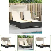 The Living Store Doppel-Sonnenliege mit Dach und Auflagen Schwarz Poly Rattan