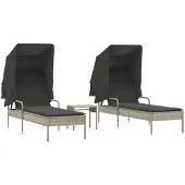 Syfax Sonnenliegen 2 Stk. mit Dach und Tisch Hellgrau Poly Rattan