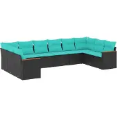 Syfax 10-teiliges Gartensofa-Set mit Kissen, schwarzes Polyrattan