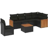 Syfax 7-tlg. Garten-Sofagarnitur mit Kissen Schwarz Poly Rattan