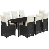 Syfax 9-tlg. Garten-Bistro-Set mit Kissen Schwarz Poly Rattan