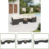 The Living Store Gartensofa mit Tisch und Kissen Halbrund Schwarz Poly-Rattan
