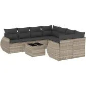 Syfax 9-tlg. Garten-Sofagarnitur mit Kissen Hellgrau Poly Rattan